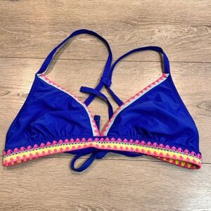 Xhilaration‎ Blue D/DD Triangle Bikini Top Neon Trim Halter Tie Summer Beach